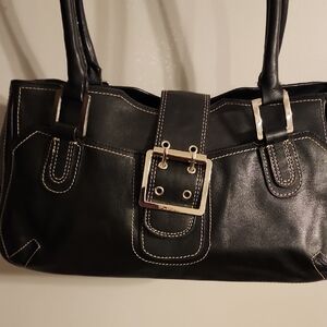 Black Leather Handbag with Buckle Detail